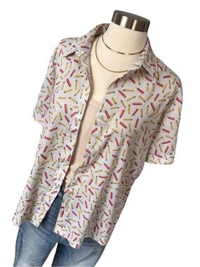 Vintage pencil print button up short sleeve shirt